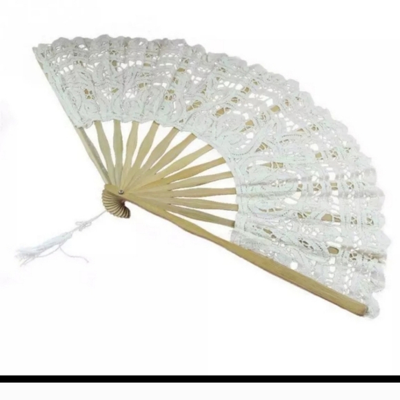 ❤️NWT A Set of Embroidery Victorian Parasol White Umbrella & Fan 32inch …